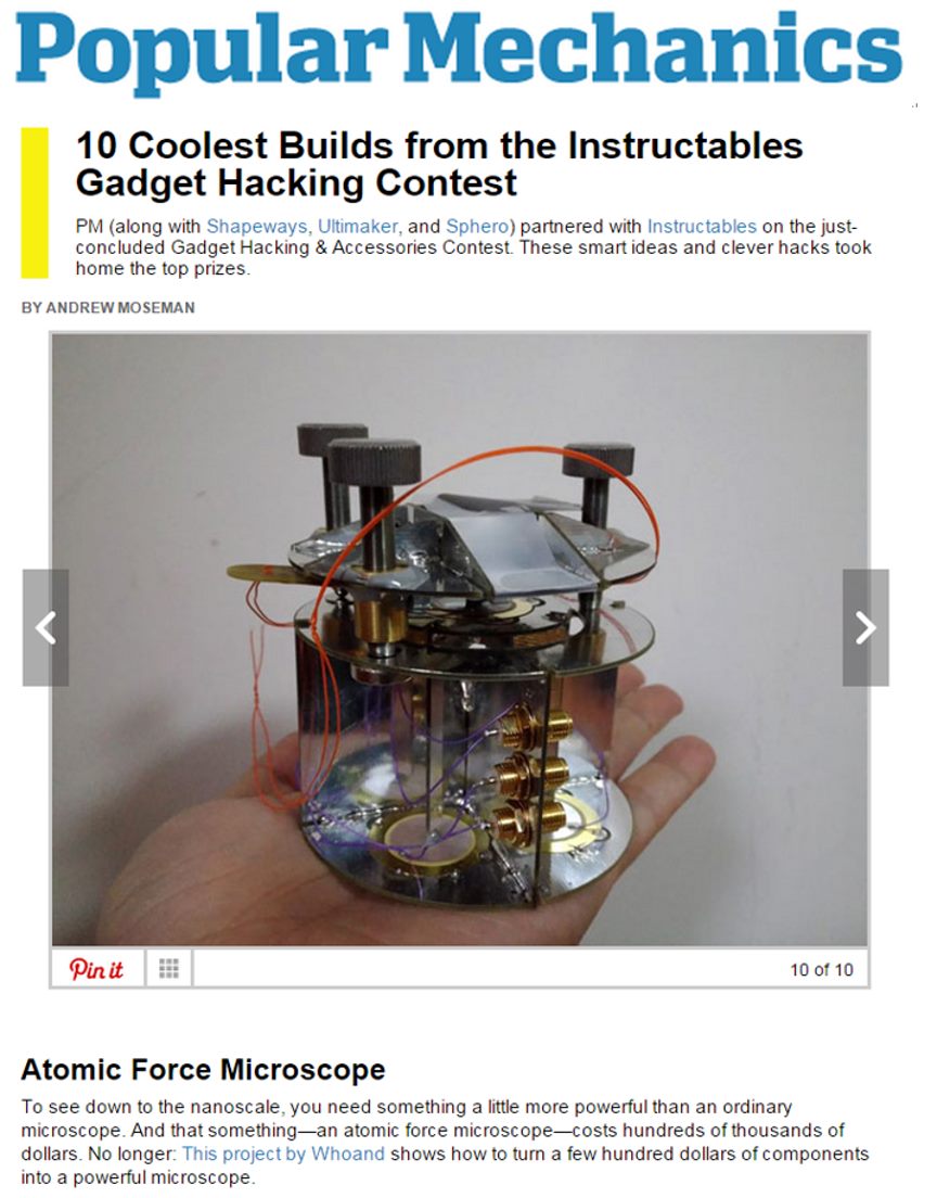 Popular Mechanics feature listing the DIY atomic force microscope.
